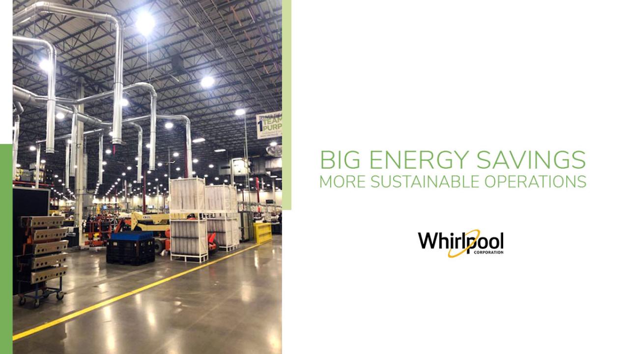 large warehouse with equipment on the left and "Big energy savings more sustainable operations" Whirlpool, on the right.