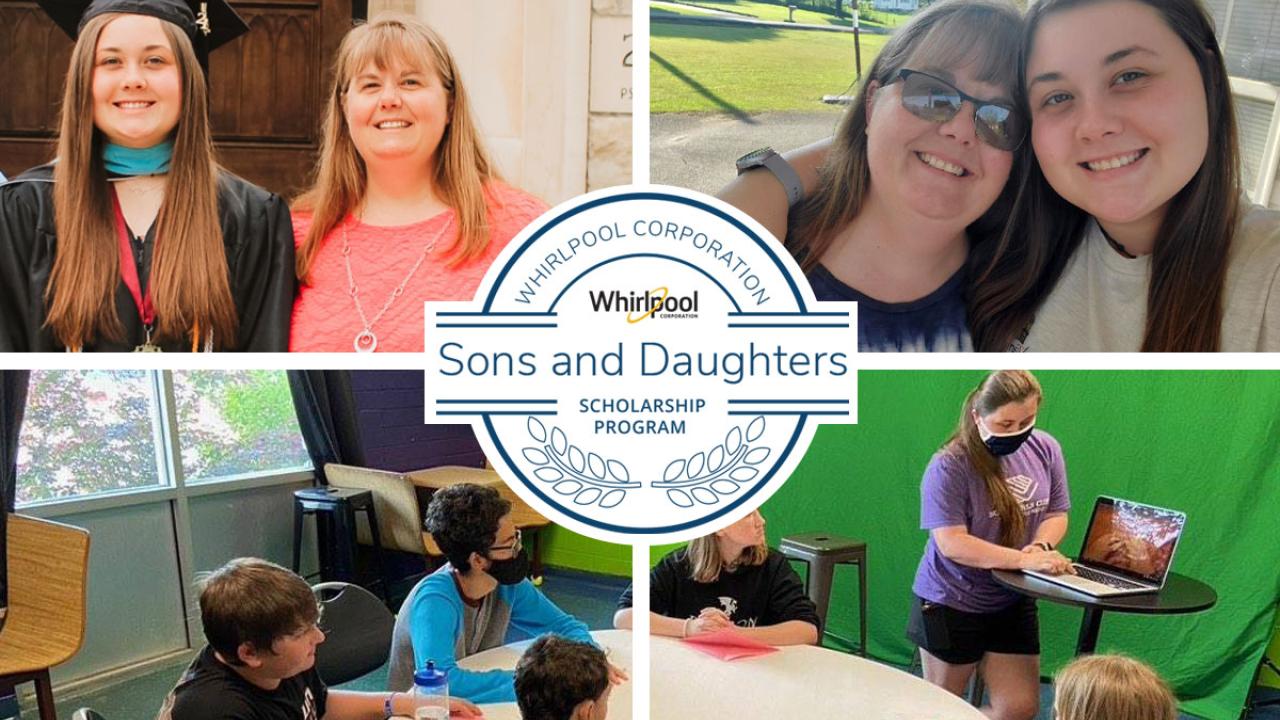 collage of four photos of scholarship winner and parent. Whirlpool sons and daughters scholarship logo in the center