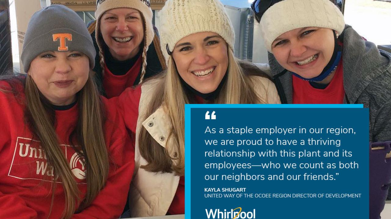 Smiling volunteers at the Whirlpool Corporation Cleveland, TN appliance sale benefiting United Way