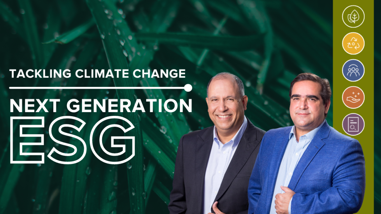 "Tackling Climate Change, Next Generation ESG" with two headshots