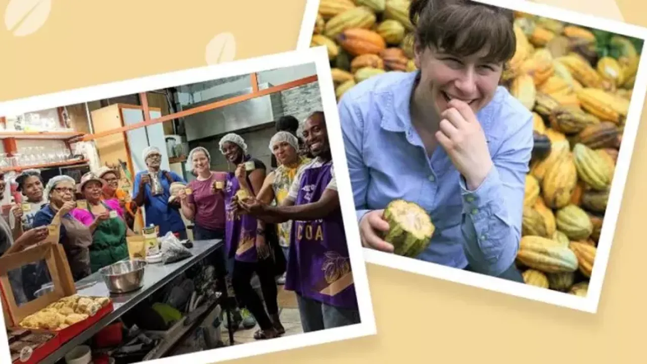 Two separate photo's of people with cocoa plants