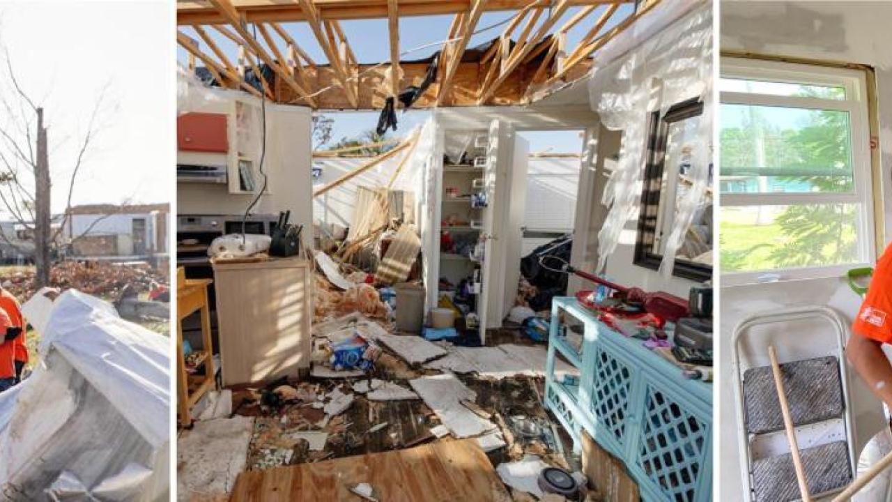 Three separate photos of volunteers helping to clear up, recover and restore buildings from the disaster caused by a hurricane  