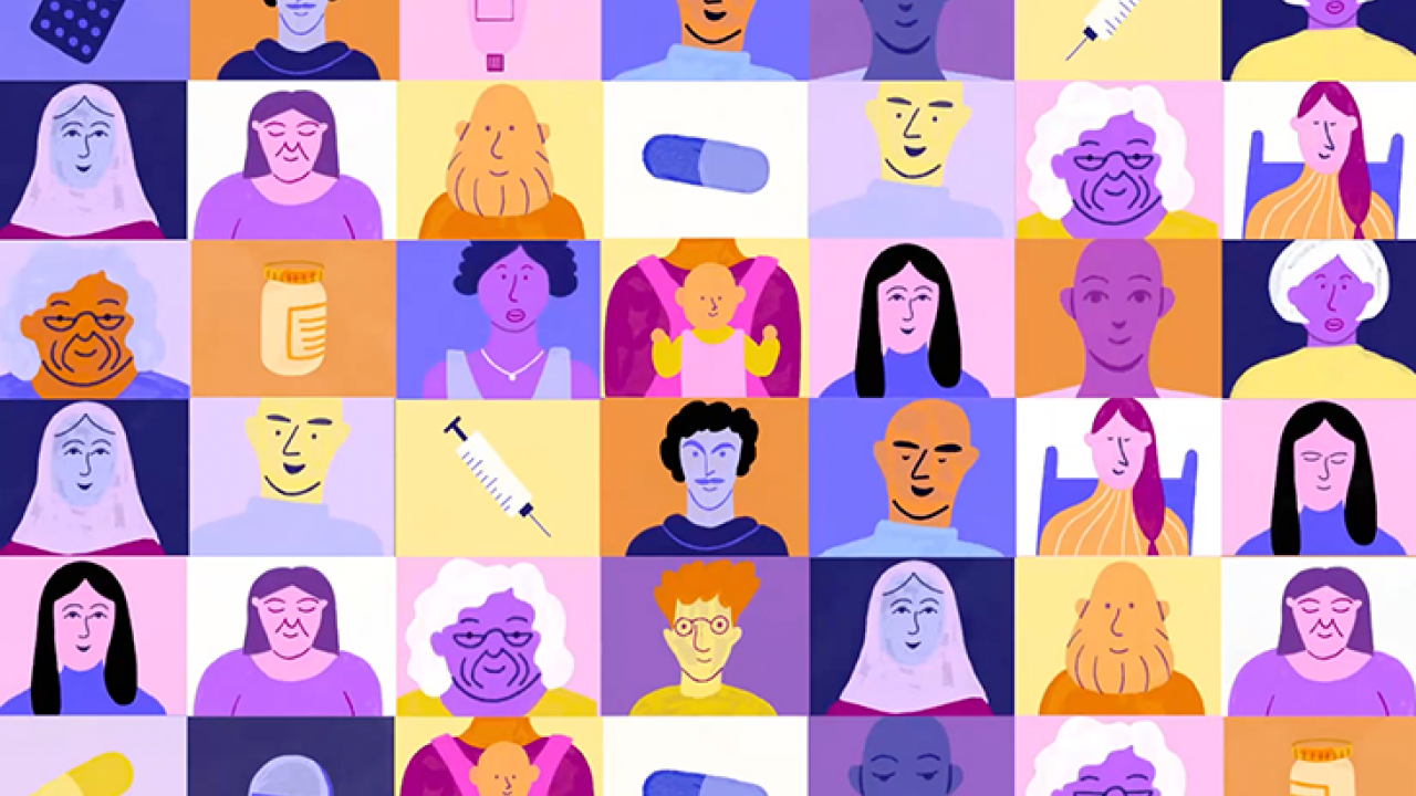 A collage of illustrated images of people and medicine 