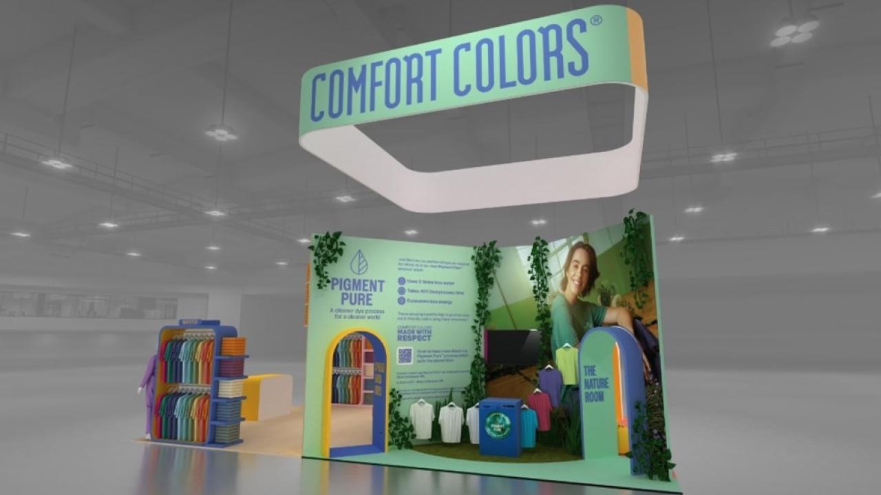 Comfort Colors® tradeshow booth highlighting the Pigment Pure™ dyeing process