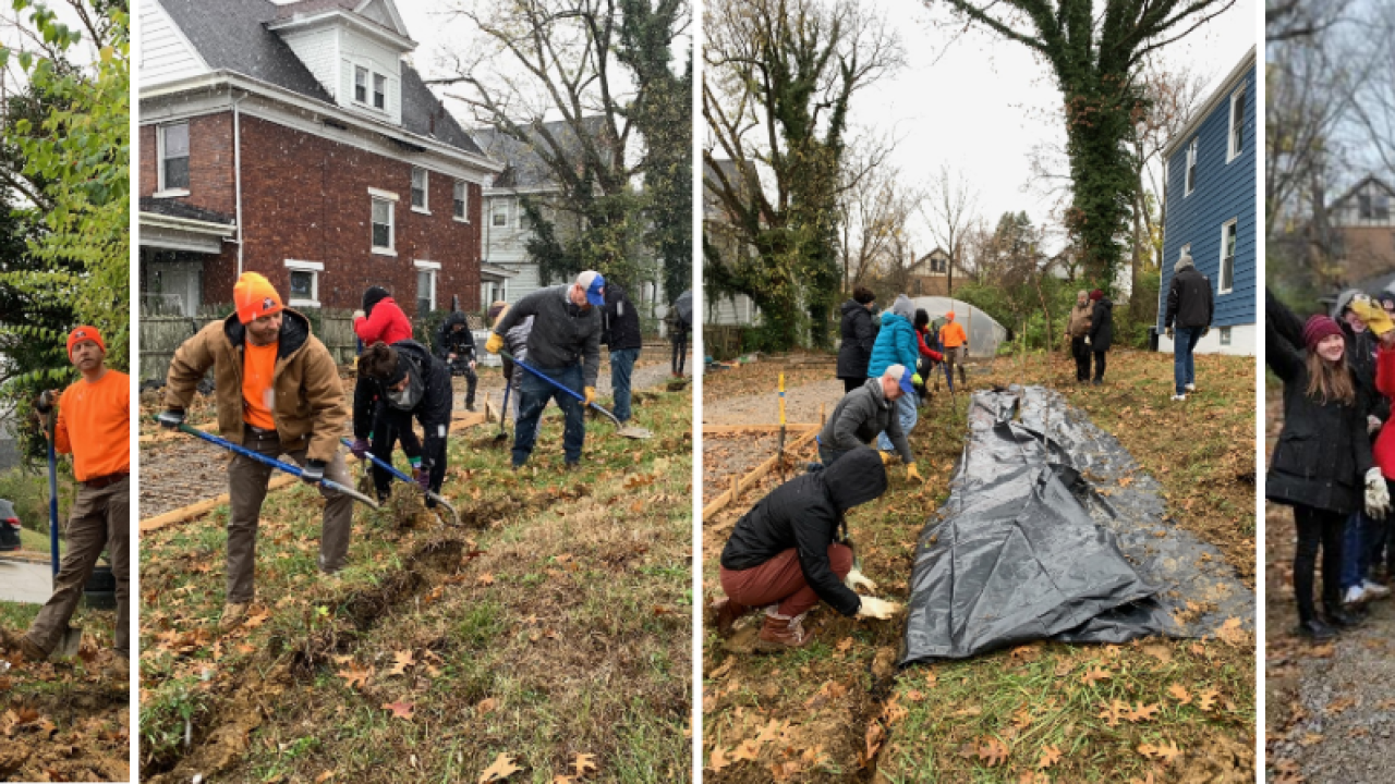 Collage of four photos of groups of people outside in cold weather apparel, digging, planting, and doing other labor.
