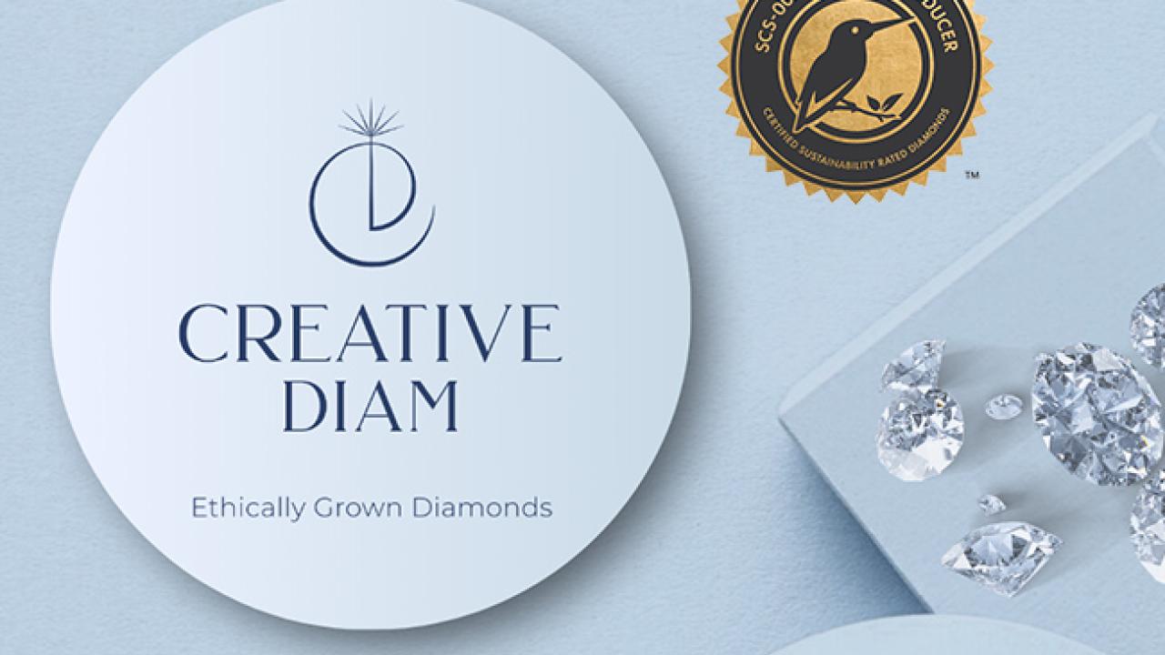 Creative Diam logo alongside lab grown diamonds with superimposed logo for SCS-007 Certification