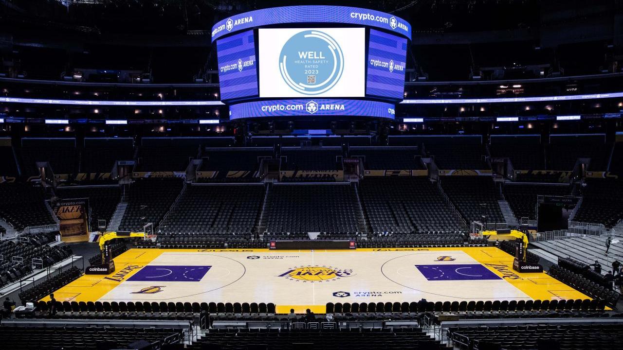 Looking at Crypto.com Arena court with Well Health-Safety rating logo on screen