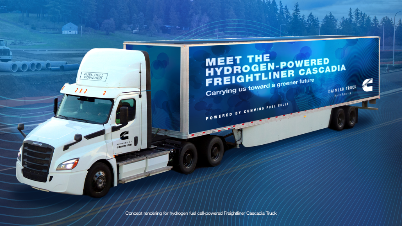 truck with side reading "Meet the Hydrogen-Powered Freightliner Cascadia"