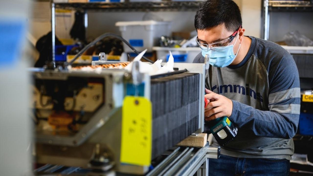 A Cummins employee works at the company’s Fuel Cell & Hydrogen Technology Campus in Mississauga, Ontario (Canada).