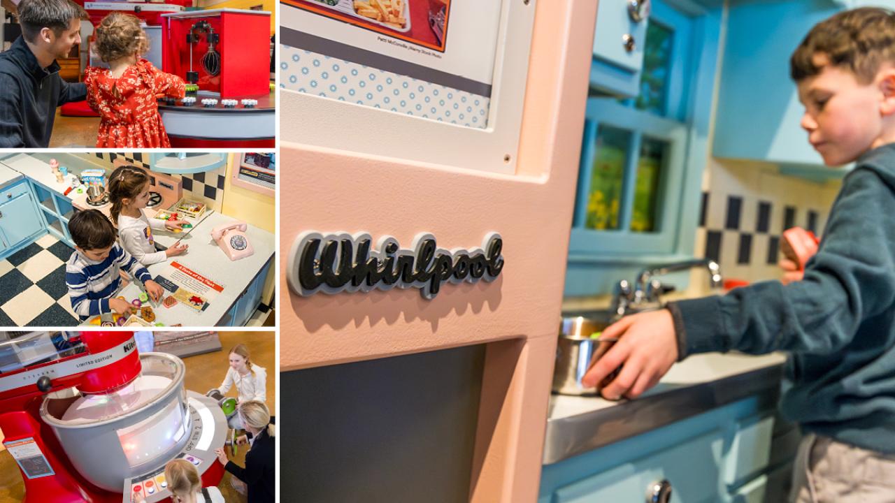 Collage of kids and adults using different play-kitchen items.