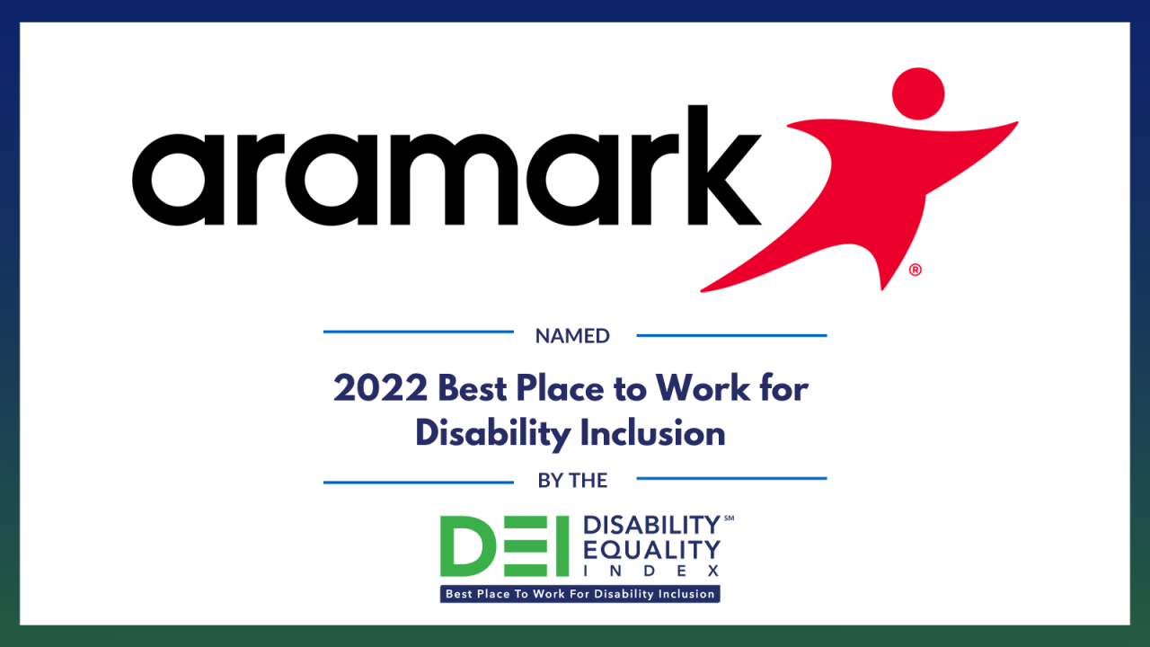 Blue to green gradient border around white box. Box contains Aramark logo with text reading, “Aramark names 2022 Best Place to Work for Disability Inclusion by the Disability Equality Index.”