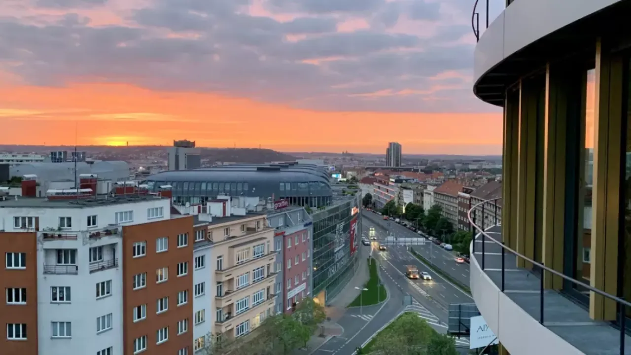 Building skyline and sunset