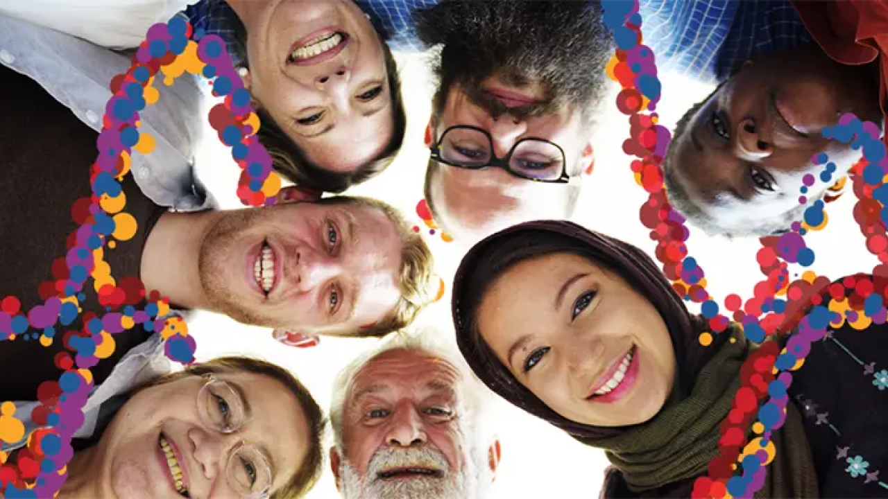 diverse group of people, standing close together and smiling