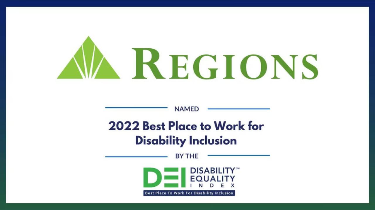 Regions and logo, Award, 2022 best place to work for disability inclusion by the DEI