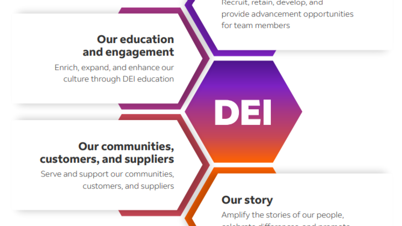 Info graphic "DEI" and categories "Our people, Our Education, Our story, etc."