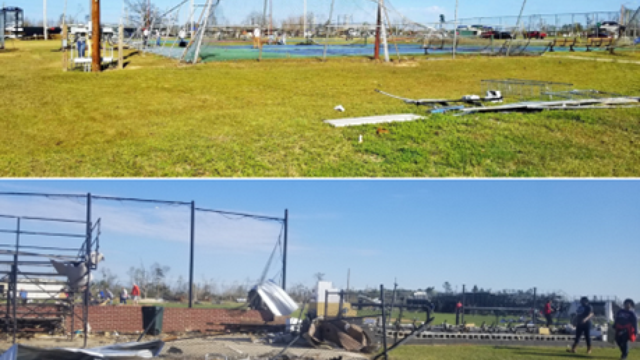 Tornado damage to Amory High School softball field.