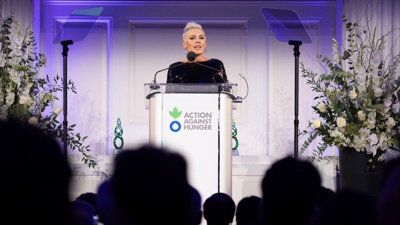 P!nk delivers speech at Action Against Hunger's 2025 Gala. 