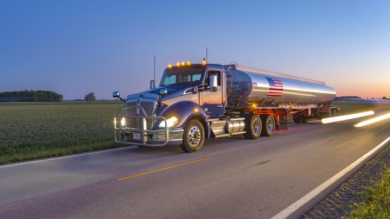 truck driving at dusk