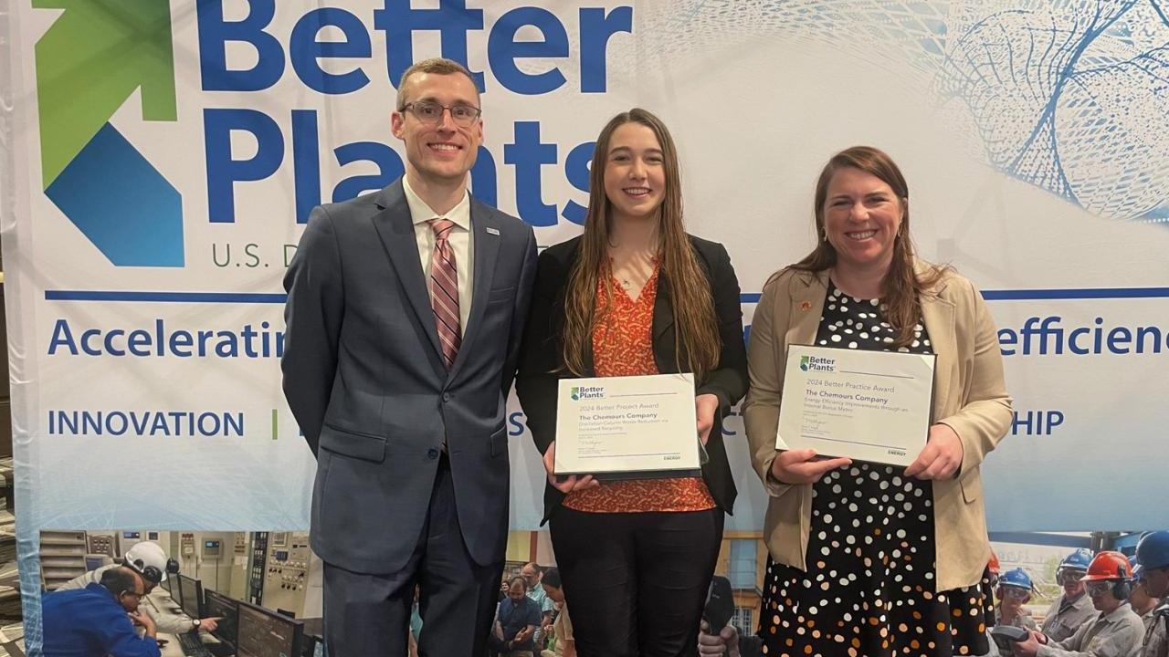 Catherine Collison and Josie Stoner holding awards next to a third person. A banner with "Better Plants" behind them.