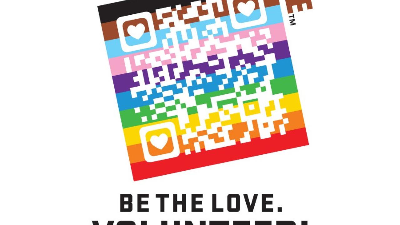 LGBTQ+ QRcode "Be the love. Volunteer!" In rainbow colors