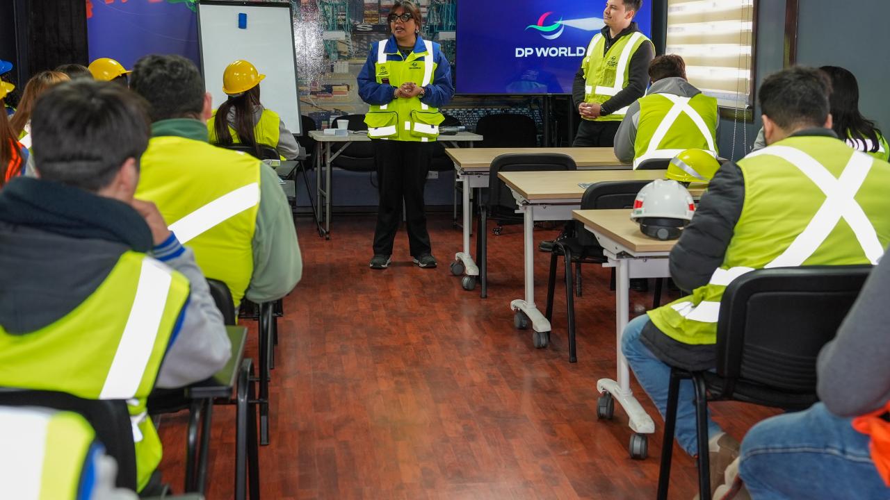 Students attend a workplace educational session at the DP World port terminal in San Antonio, Chile.