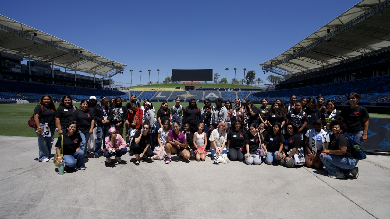 Girls Inc. of Los Angeles participants gather at Dignity Health Sports Park for a group photo during an educational and empowerment experience hosted with the LA Galaxy.