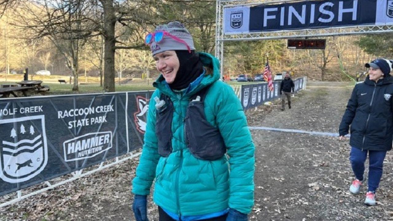 Laurie “Lulu” Searles after finishing the Rabid Raccoon 100.