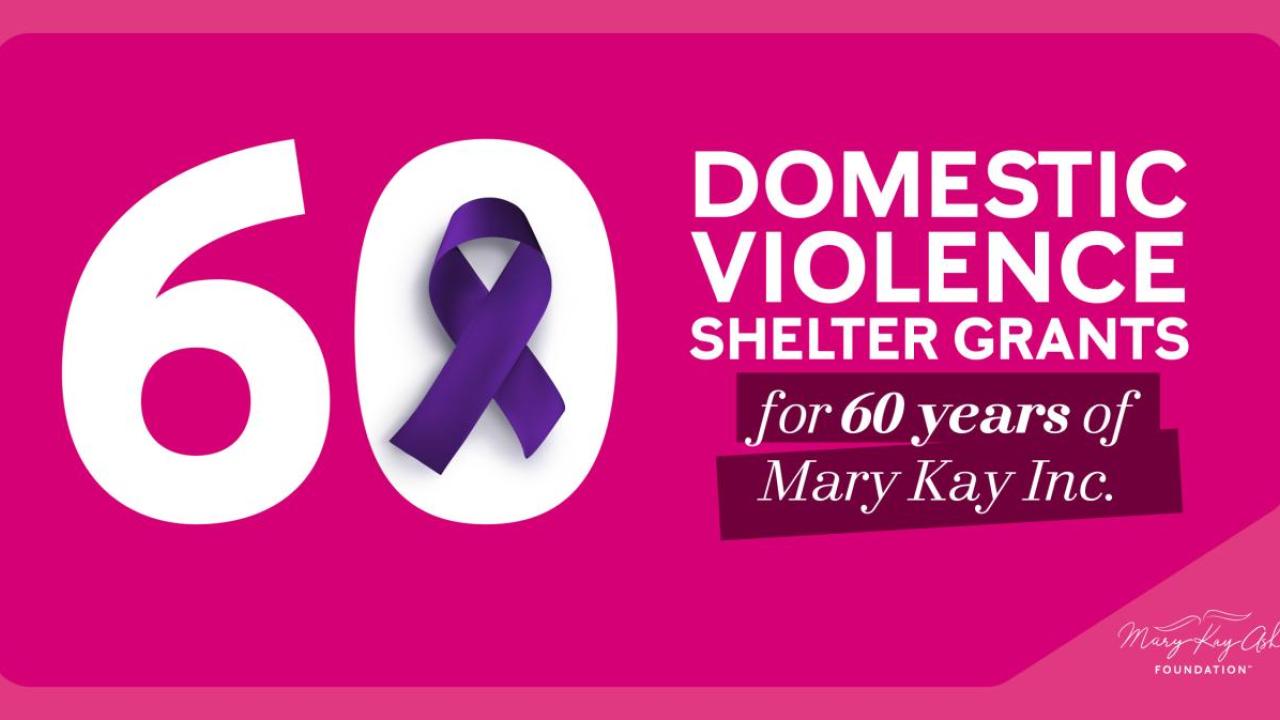 "60 Domestic Violence Shelter Grants for 60 years of Mary Kay" on a pink background.