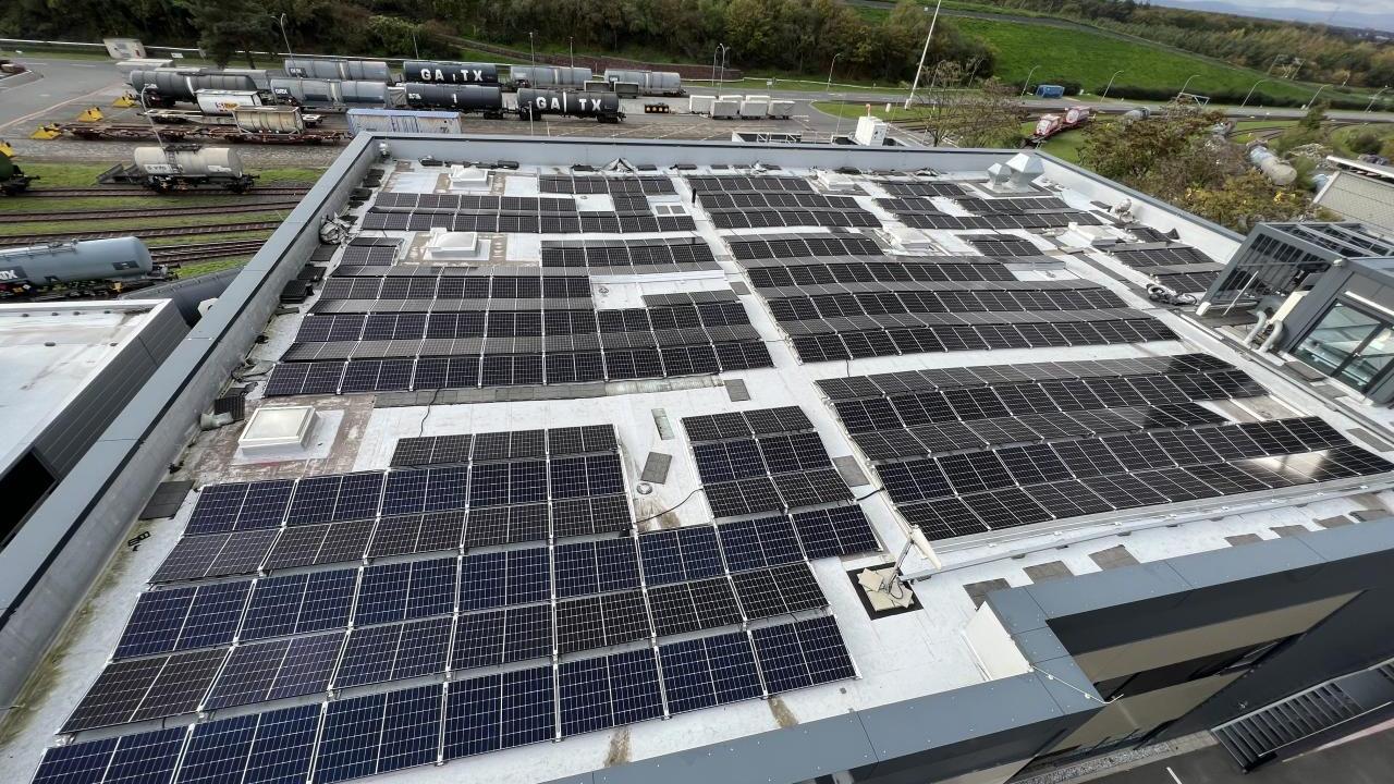 Solar panels cover the roof of the company's Darmstadt site.