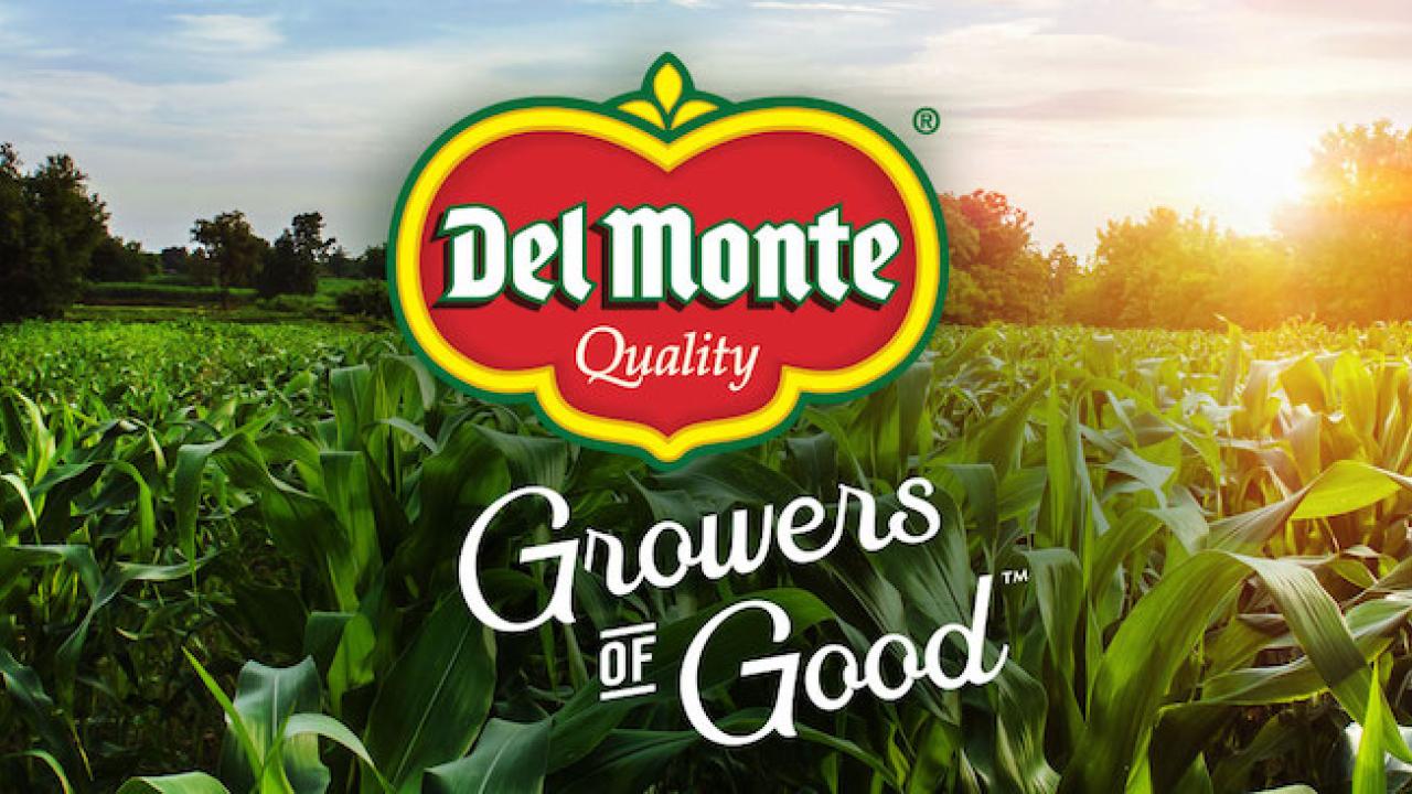 Del Monte Logo: Growers of Good logo. Logo is above a field of corn.