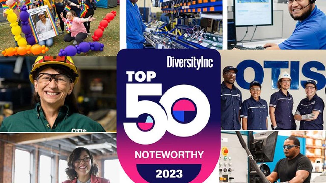 Collage of photos of employees working and celebrating. "Top 50 Noteworthy 2023" and DiversityInc logo central.