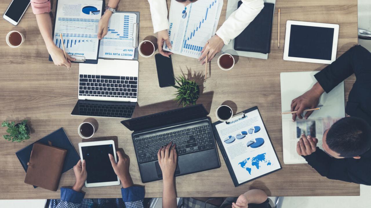 Aerial view of an office meeting