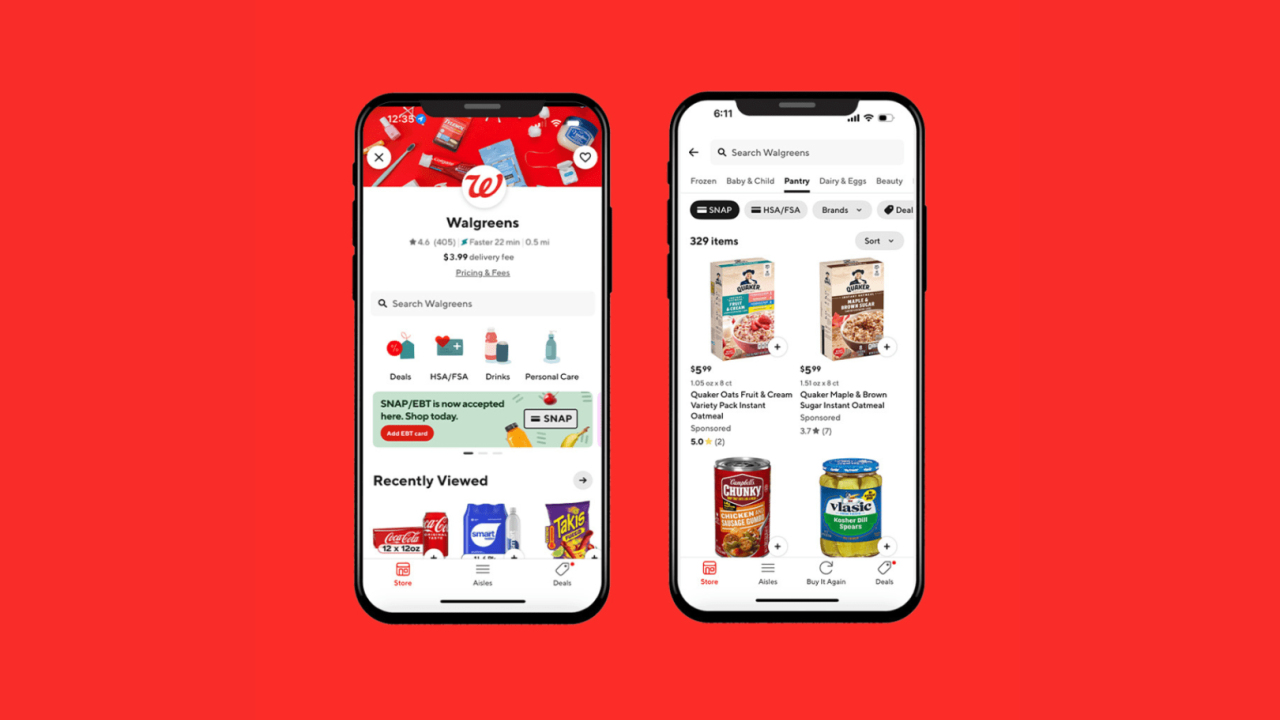 A mobile phone screen displaying Walgreens DoorDash
