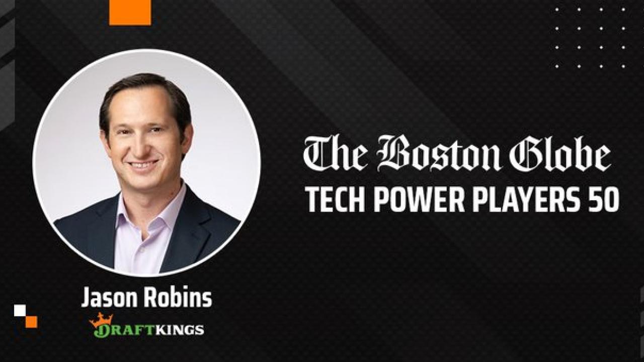 Headshot of Jason Robins with text 'The Boston Globe Tech Power Players 50'
