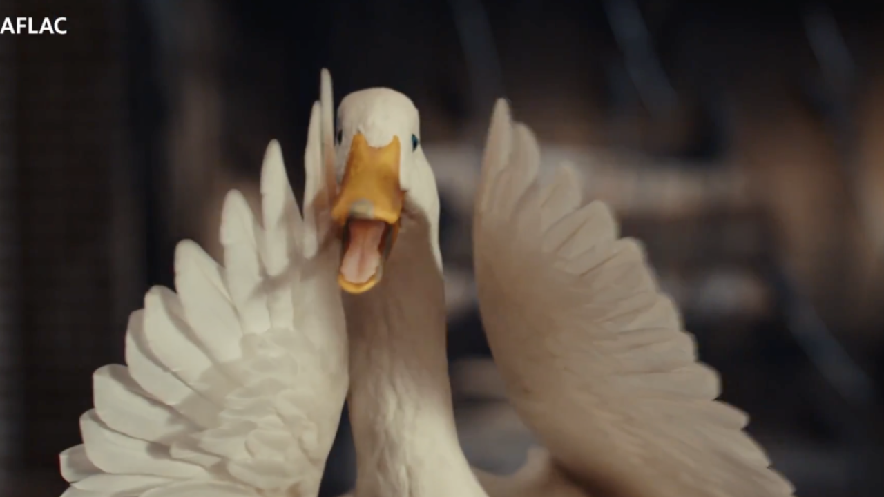 Aflac duck with wings upraised, quacking