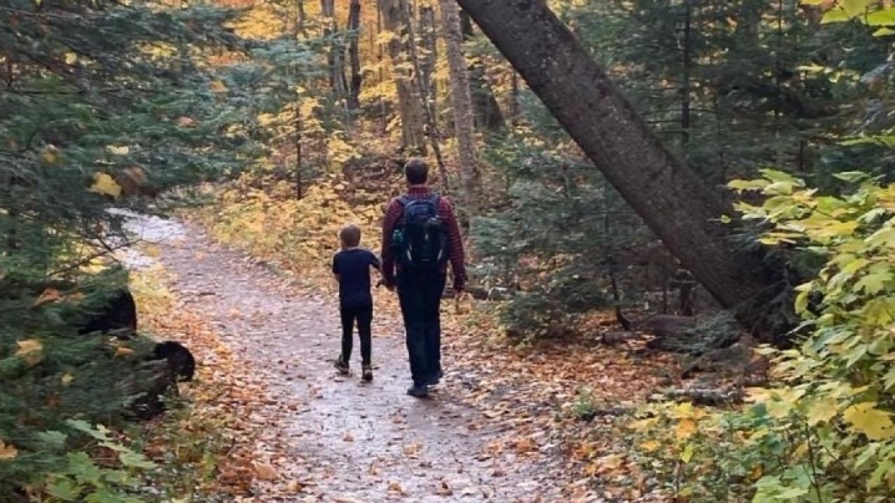 two people walking together in the woods