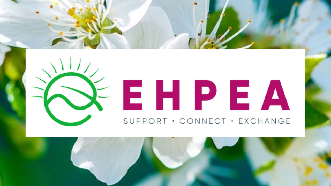 The image features the logo of the Ethiopian Horticulture Producer Exporter Association (EHPEA) set against a background of blooming white flowers. The logo includes a green circular design representing a leaf and sun, with the text "EHPEA" in bold magenta letters beneath it. The tagline "Support · Connect · Exchange" is written below the logo in smaller text.