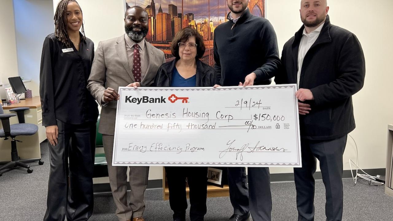 Leaders from KeyBank made a check presentation to Genesis Housing on February 9th.  Pictured from left are KeyBank Branch Manager Ashley Bowen; KeyBank Corporate Responsibility Officer Chiwuike Owunwanne; Genesis Housing Executive Director, Judith Memberg; KeyBank Market President and Market Retail Leader, Youseff Tannous; KeyBank Area Retail Leader Robert Lombardo.