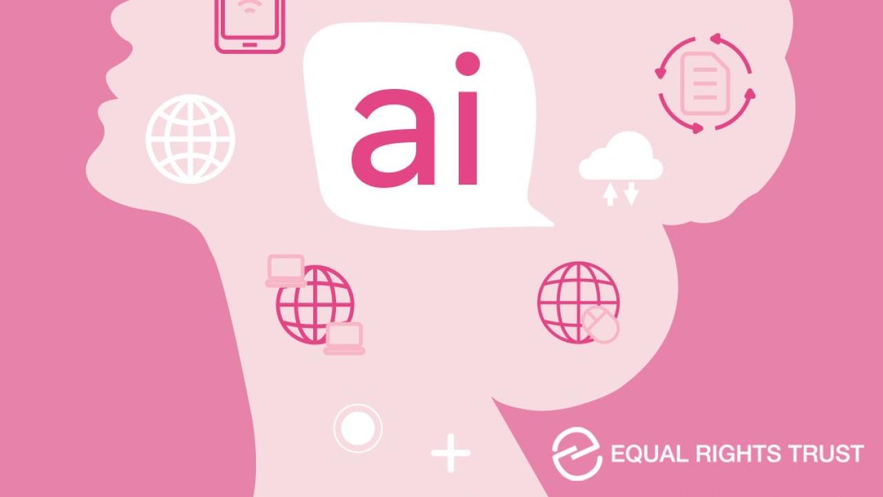A silhouette in pink on a pink background. "ai" central with technology related symbols surrounding it. Equal Rights Trust and Mary Kay logos in the corner.
