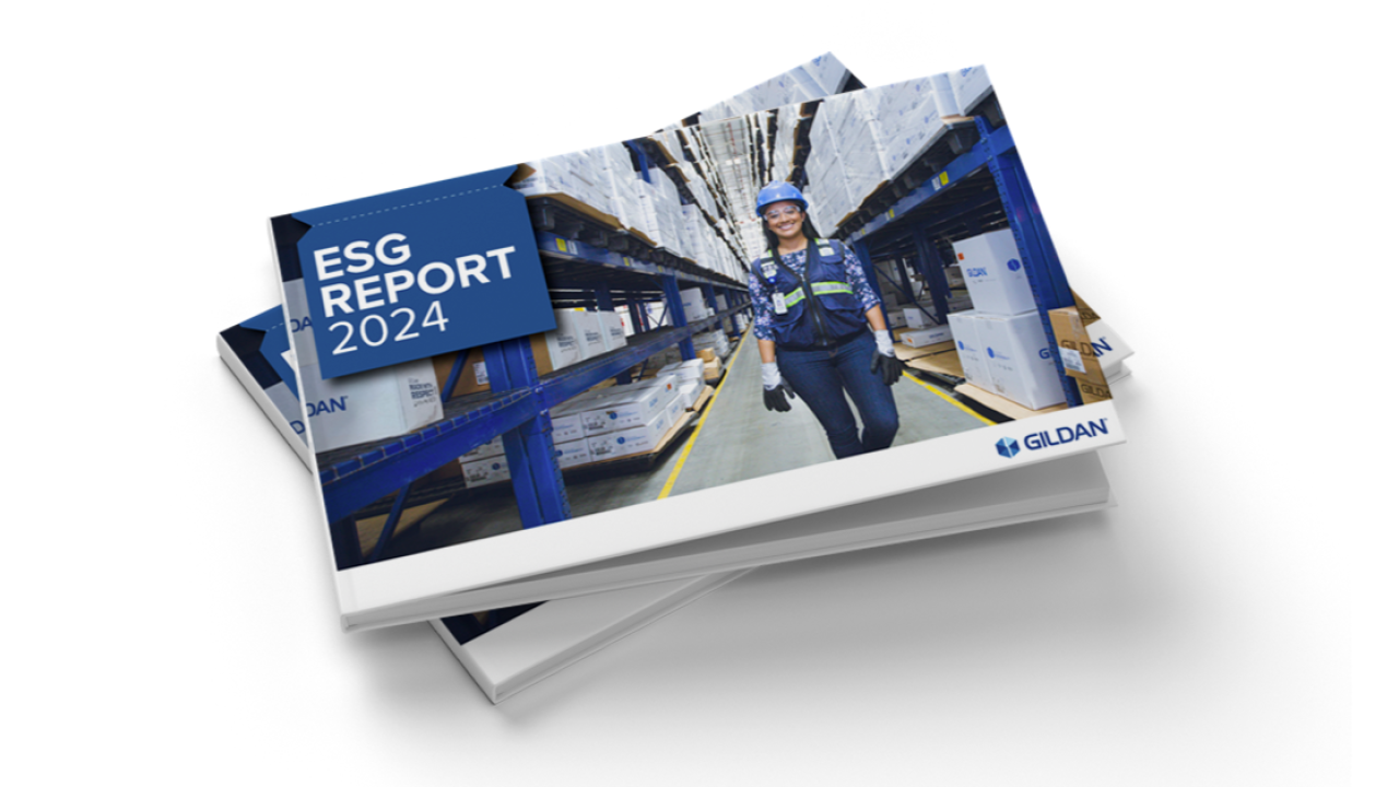 Gildan's 2024 ESG Report featured against a white backdrop