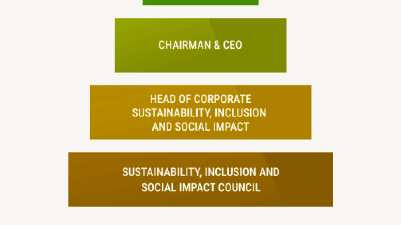 ESG Governance Structure "Board, Chairman & CEO, Head of Corporate Sustainability, Inclusion, and Social Impact, Sustainability, Inclusion and Social Impact Council"