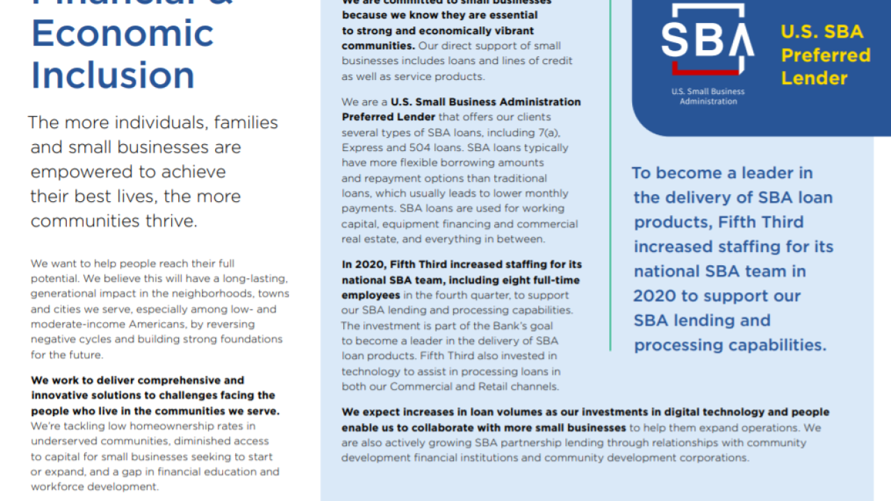 page from Fifth Third's 2020 ESG report on Financial & Economic Inclusion