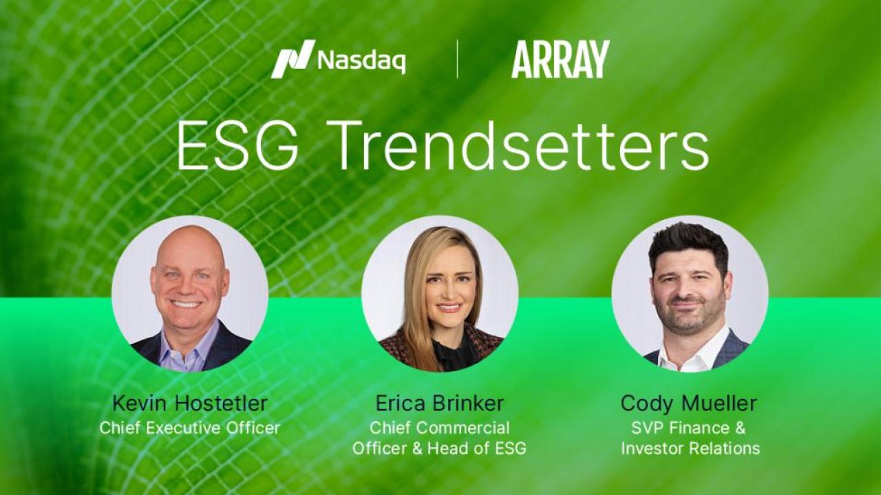 "ESG Trendsetters" Nasdaq and Array logos. Three profiles of interviewees.