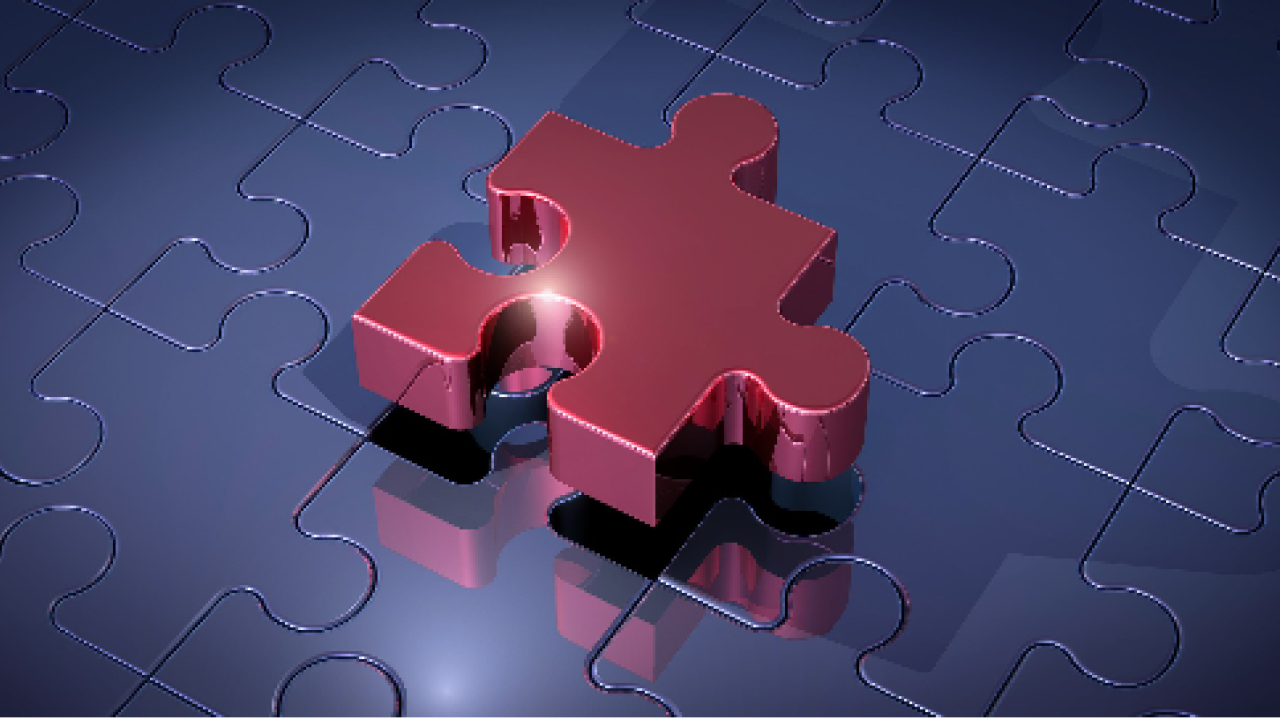 Red puzzle piece shown on a blue jigsaw puzzle.