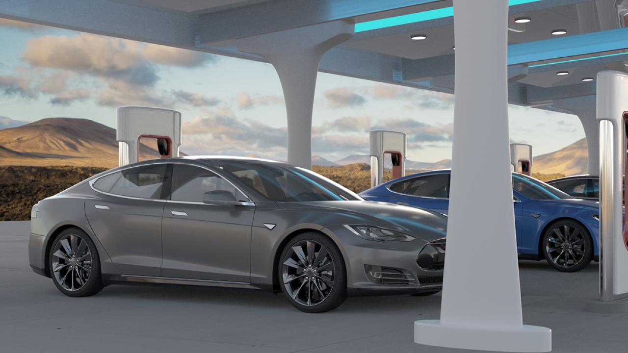 Electric Vehicle parked near chargers 