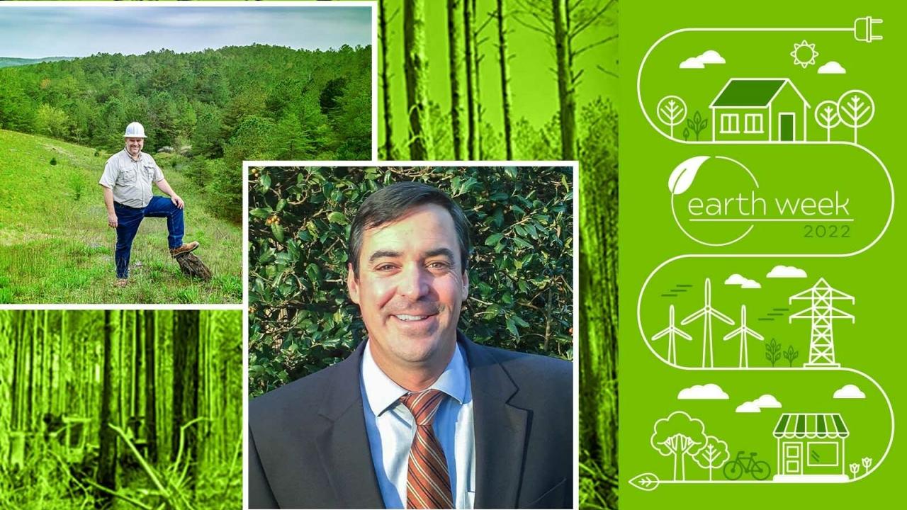 2 collage images in front of green background of headshot of Jim Bates, and man standing in front of treeline