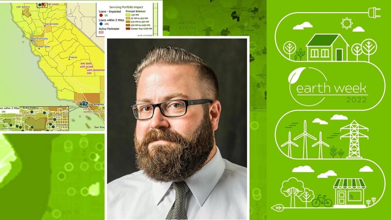composite image featuring Grant Mullins, a map of California, and an Earth Week 2022 graphic