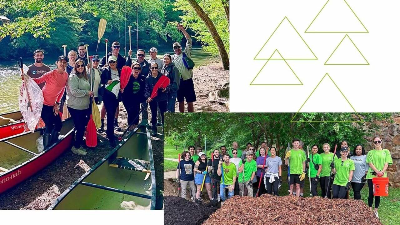 Collage of two photos that are both group pictures of volunteers at Earth Week