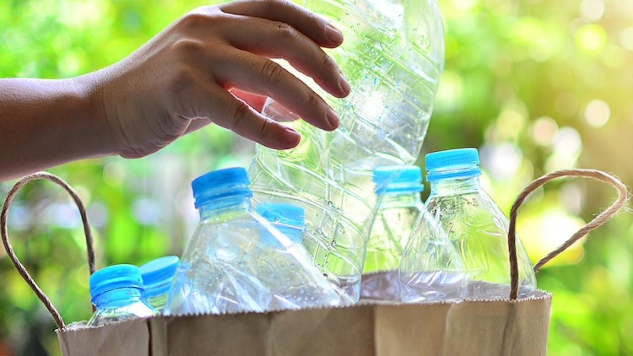 Empty plastic bottles being put into a recycling bag.