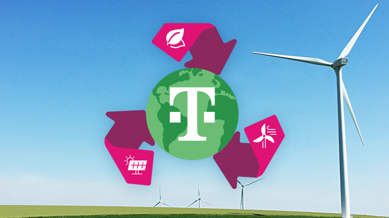 background of windmills on a sunny clear day outside. TMobile logo on a green earth with pink recycling symbols around it is central